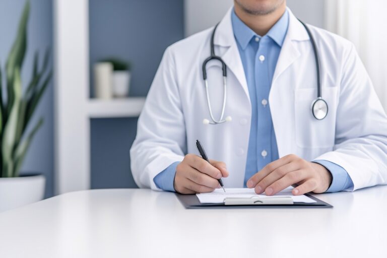 a male doctor sitting at his desk in his office organizing the patient's medical records files.